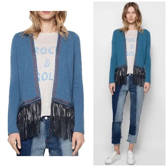Zadig & Voltaire Marla Cashmere/ Leather Fringe Cardigan Boho Rock - Picture 8 of 15